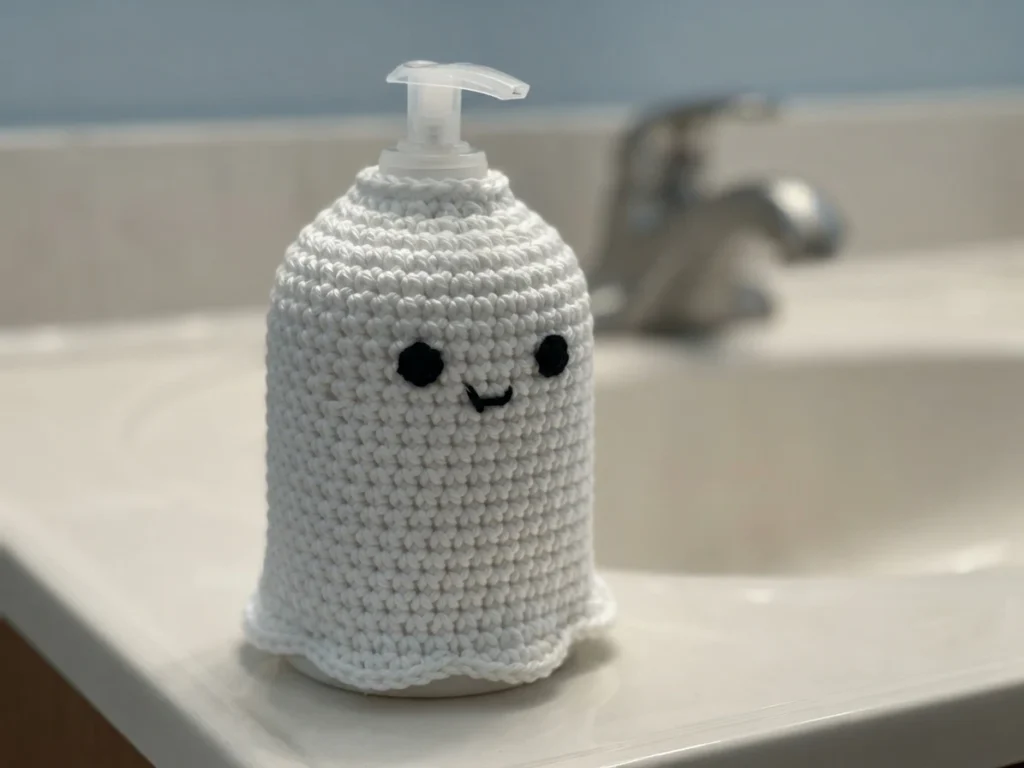 White crochet ghost soap cover with black embroidered eyes and mouth, fitted over a soap dispenser pump on a bathroom sink.