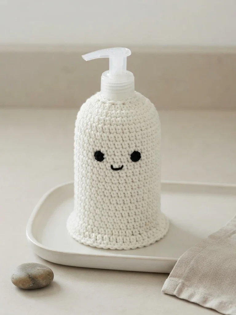 White crocheted ghost cover with black embroidered eyes and a small smile, fitted over a pump soap dispenser standing on a white tray next to a smooth stone and a folded cloth.