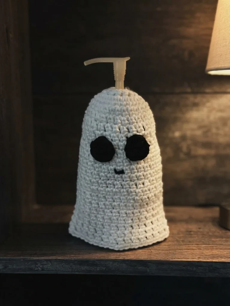 White crocheted ghost soap cover with two round black eyes and a small embroidered mouth, fitted over a pump dispenser and standing on a wooden shelf beside a lit lamp.