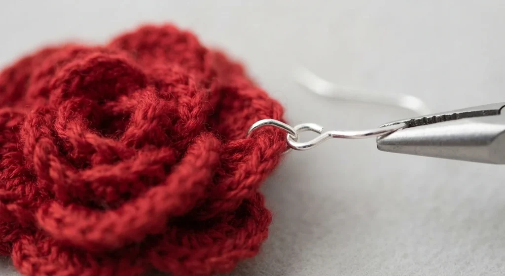 Close-up of a single red layered crochet flower earring with a silver hook being held by jewelry pliers on a light background