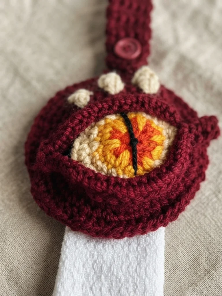 Close up of a burgundy crochet dragon eye towel topper with a yellow and orange eye, cream bumps, a buttoned hanging tab and a white towel