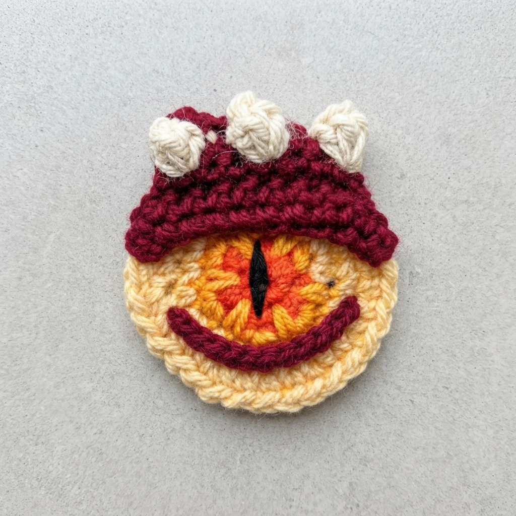 Close-up of a crocheted dragon eye on a light grey background, with a burgundy upper eyelid with three cream popcorn stitches over a yellow and orange circular eyeball with a black vertical pupil and a burgundy lower arc