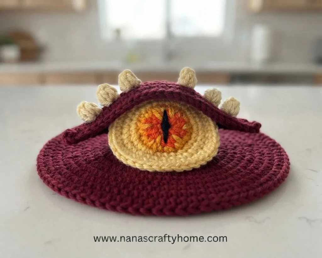 A crochet dragon eye with a yellow and orange iris and black vertical pupil, a wine eyelid with cream spikes, resting on a round wine panel on a kitchen counter