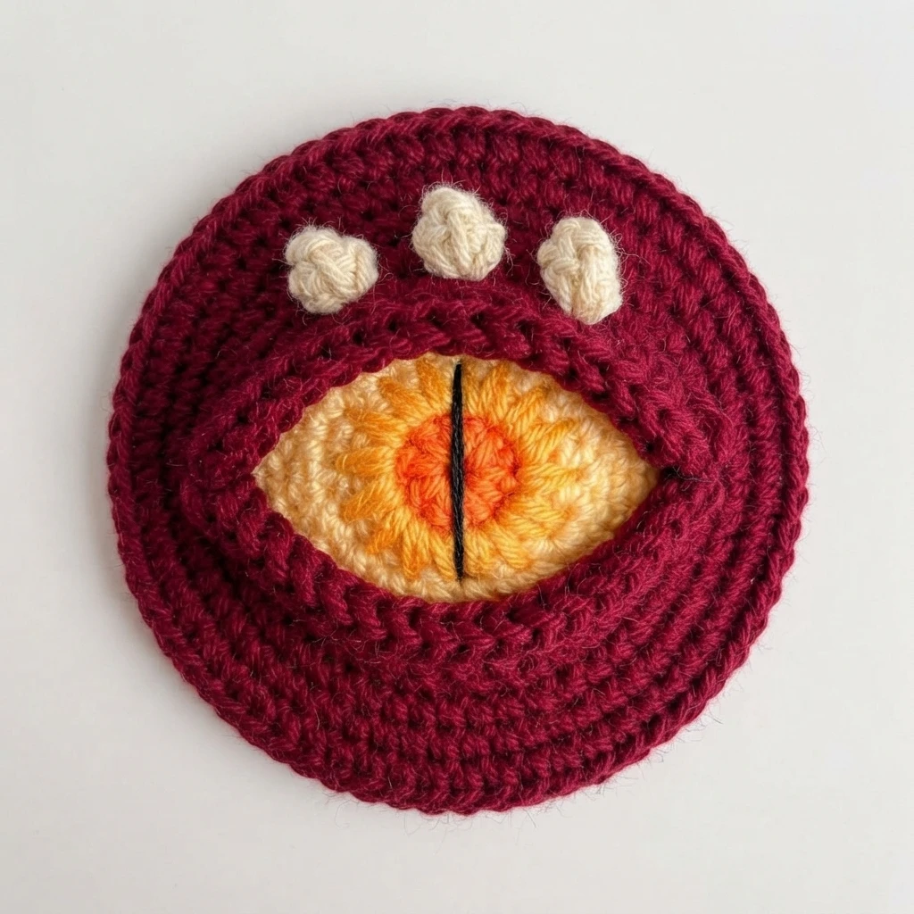 Round crochet dragon eye panel in wine red with a yellow and orange eye, black vertical pupil and three cream bumps above the eye on a white background