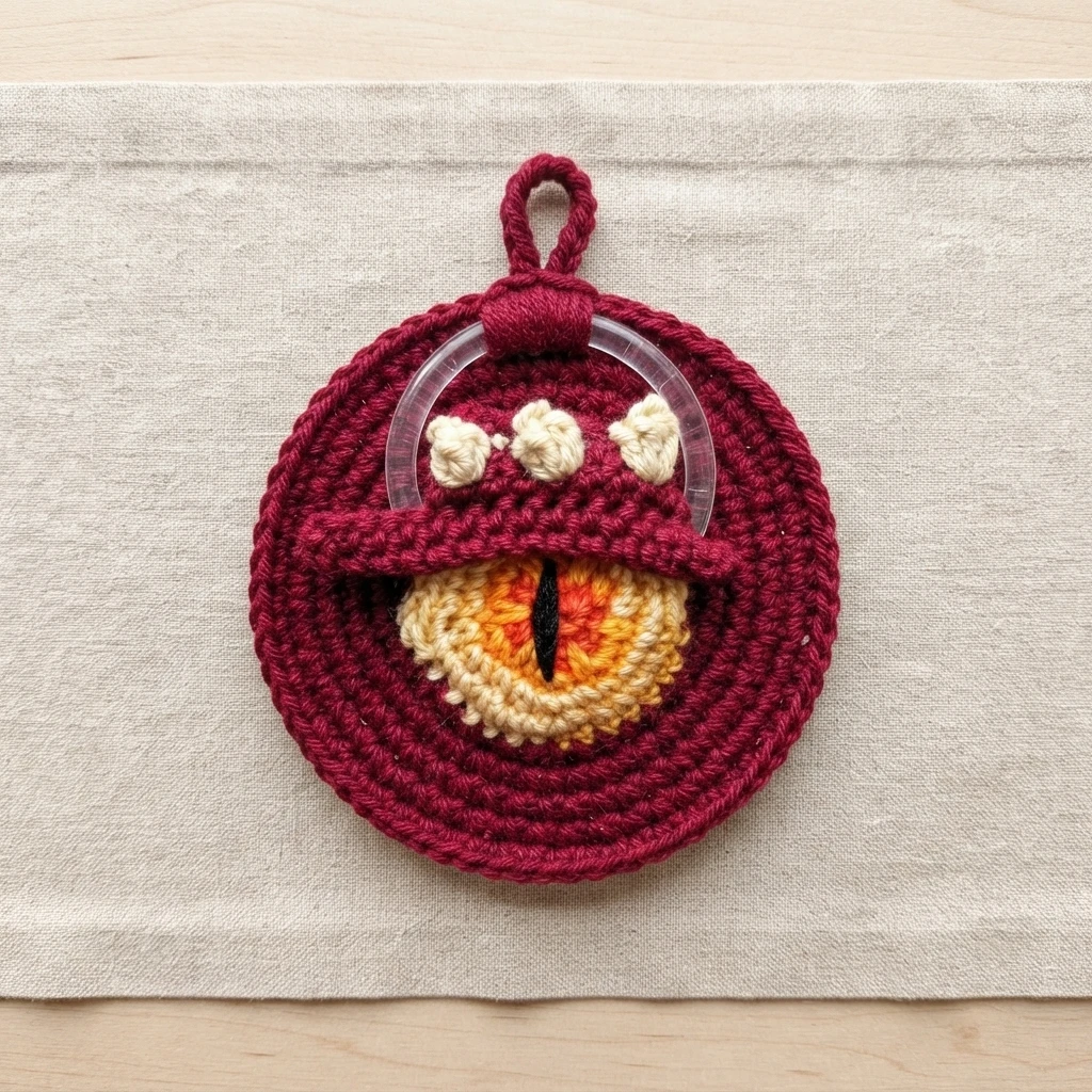 Assembled wine red crochet dragon eye topper with clear ring, cream horns and a yellow orange eye with a black vertical slit on beige cloth