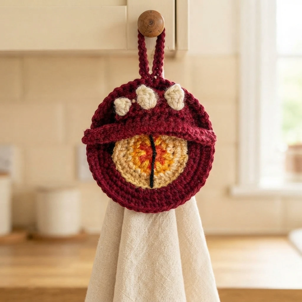Finished wine red crochet dragon eye towel topper with cream spikes and a yellow and orange eyeball, hanging from a cabinet knob and holding a cream towel