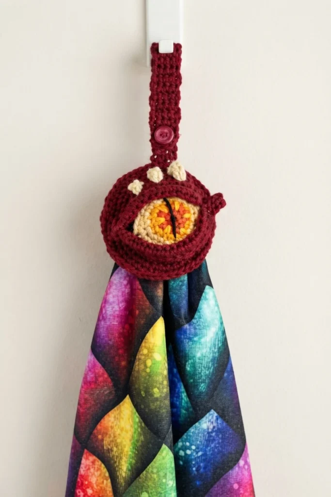 Wine red crochet dragon eye towel topper with a yellow and orange eye, hanging above a colorful dragon scale towel
