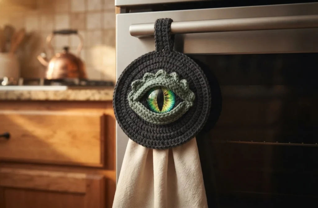 Crochet dragon eye towel topper with a dark round base and green eye hanging on an oven handle, holding a plain cream towel