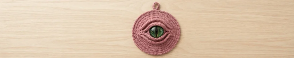 Round dusty pink crochet dragon eye with green iris and black vertical pupil, eyelids and small hanging loop on light wood