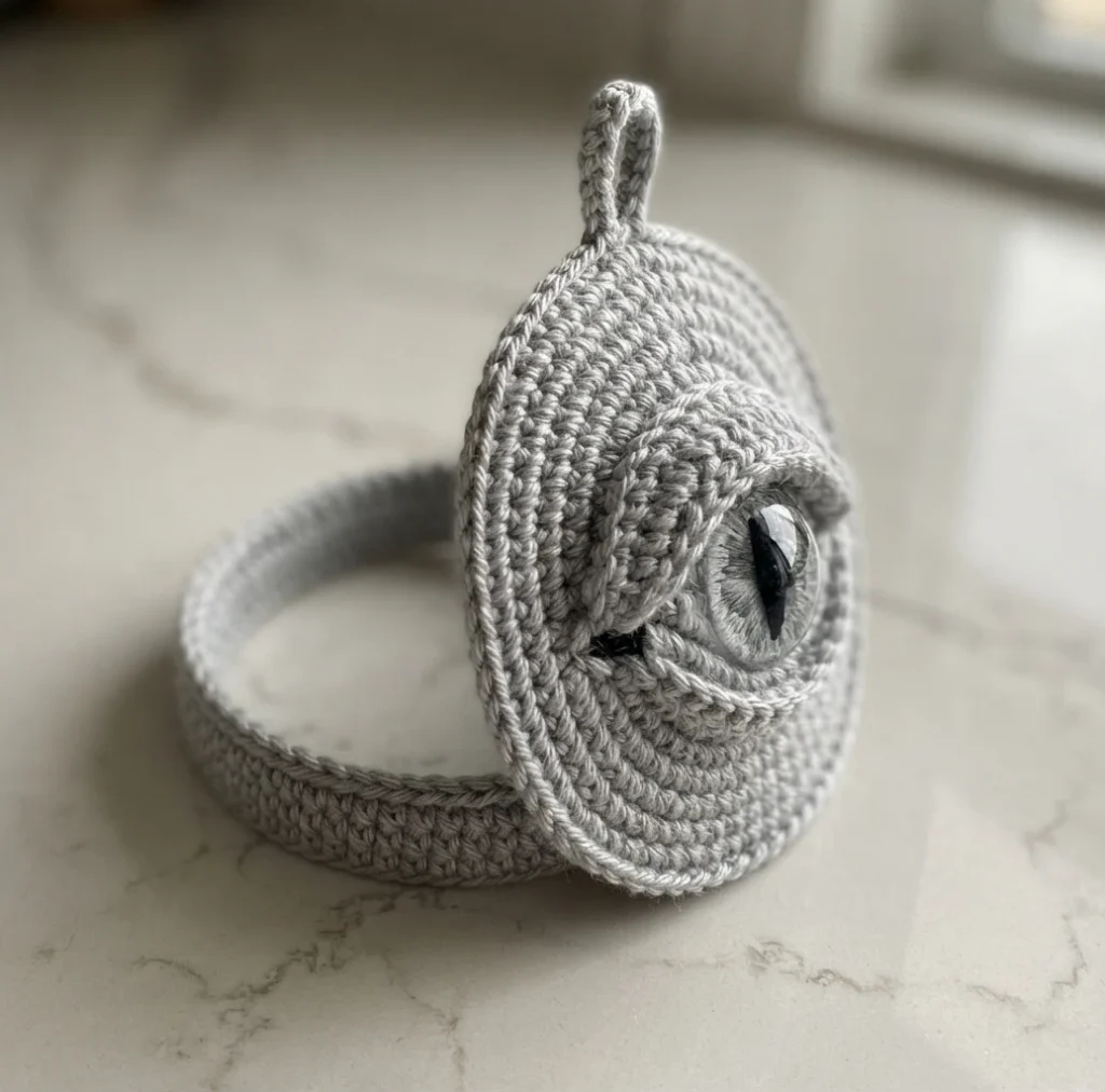 Light grey crochet dragon eye towel topper with a round panel, raised eyelids, a black vertical pupil and a crochet covered ring, on a light marble surface