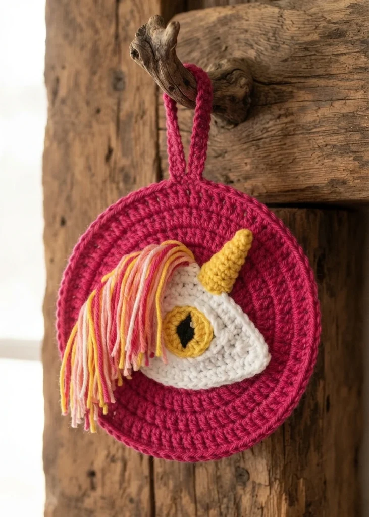 Round pink crochet hanging panel with a white unicorn head applique, yellow horn and eye, and pink and yellow fringe mane, hanging from a wooden peg
