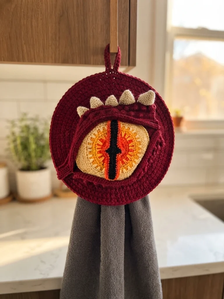 Round burgundy crochet dragon eye towel topper with cream spikes and a yellow and orange eye, hanging in a kitchen and holding a grey towel
