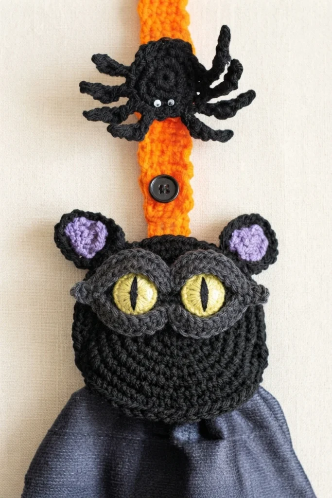 Black crochet cat towel topper with purple inner ears, large yellow eyes with vertical slit pupils, orange strap with black button and black spider, holding a dark towel