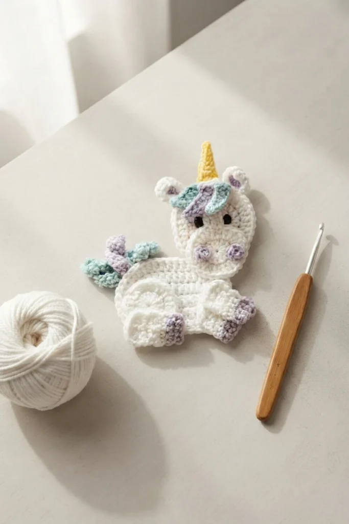 White crochet unicorn applique with a yellow horn, turquoise and purple mane, and purple hooves and nostrils, placed beside a ball of white yarn and a wooden-handled crochet hook on a light surface.