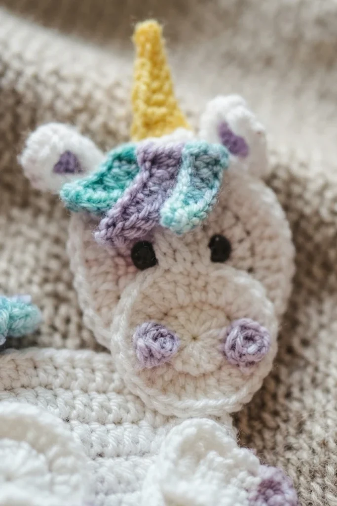 Close-up of a white crochet unicorn applique head with yellow horn and turquoise and purple mane on a beige knitted background