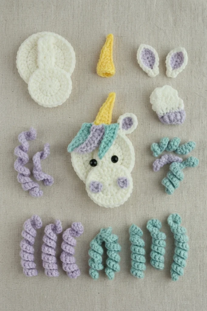 Flat lay of white crochet unicorn applique pieces on beige linen: round head with yellow horn, black safety eyes and pastel mane, surrounded by ears, curly strands and small body parts.