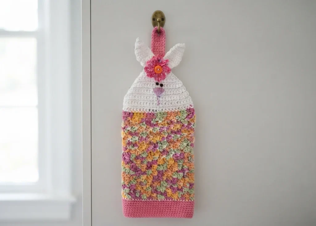 Crocheted bunny hanging towel with pink flower and orange button, hung on a hook on a white cabinet door.