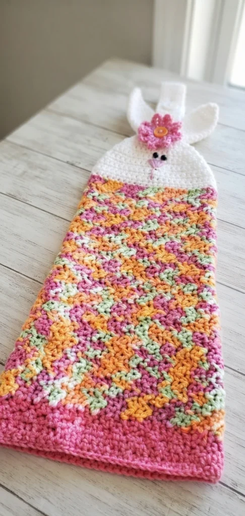 Finished crocheted white bunny hanging towel with a pink flower, button eyes, and a pink, orange and green textured body, shown on a light wooden table.