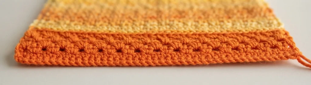 Close-up of an orange crocheted band with small openwork clusters joined to a yellow section of the towel.