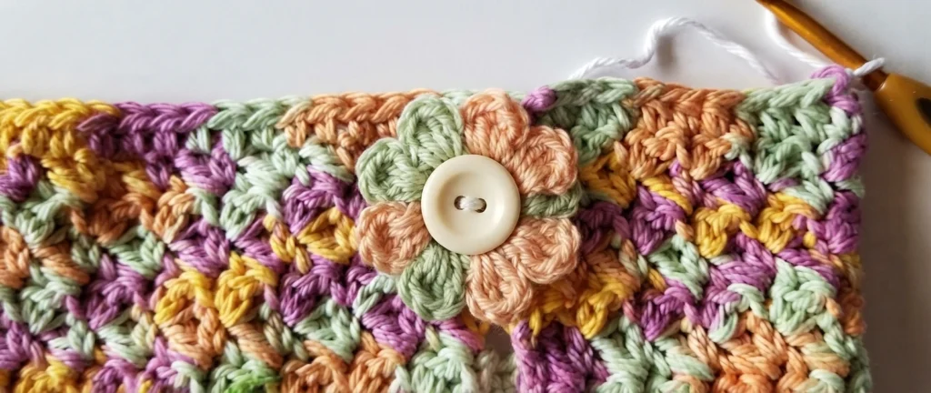 Close-up of variegated crocheted towel fabric with a peach and green crocheted flower sewn around a cream button, with a crochet hook at the edge.
