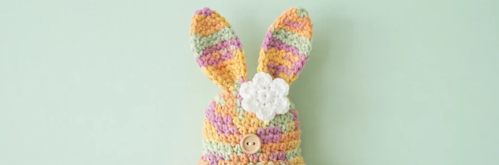Top of a crocheted bunny hanging towel with striped ears, a white flower and a wooden button