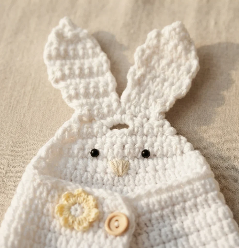 Close-up of a white crocheted bunny head with two upright ears, a small buttonhole between them, black bead eyes, a stitched nose, and a small cream flower with a wooden button
