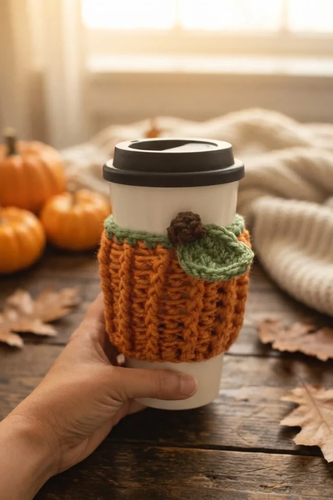 Une main tient un gobelet avec un couvre-tasse crocheté orange, décoré d’une feuille verte et d’une petite tige brune, devant des citrouilles.