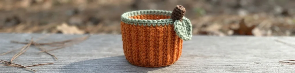 Un cache-gobelet au crochet orange, bordé de vert et orné d’une feuille et d’une tige brunes, autour d’un gobelet.