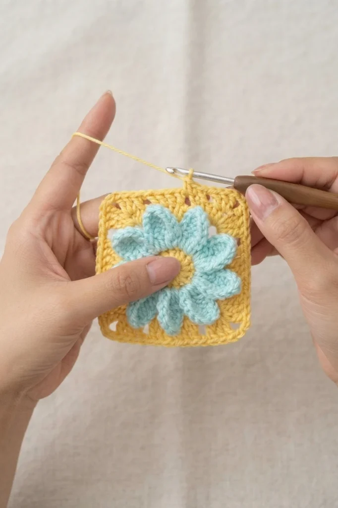 Hands holding a finished yellow crochet daisy granny square with mint petals and a crochet hook in the working loop.