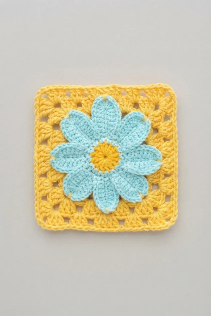 Yellow crochet granny square with light blue daisy petals and a yellow center on a plain light background
