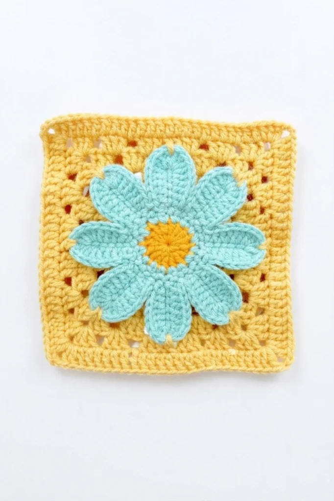 Crocheted daisy granny square in yellow with turquoise petals and a yellow flower center, shown flat on a white background.
