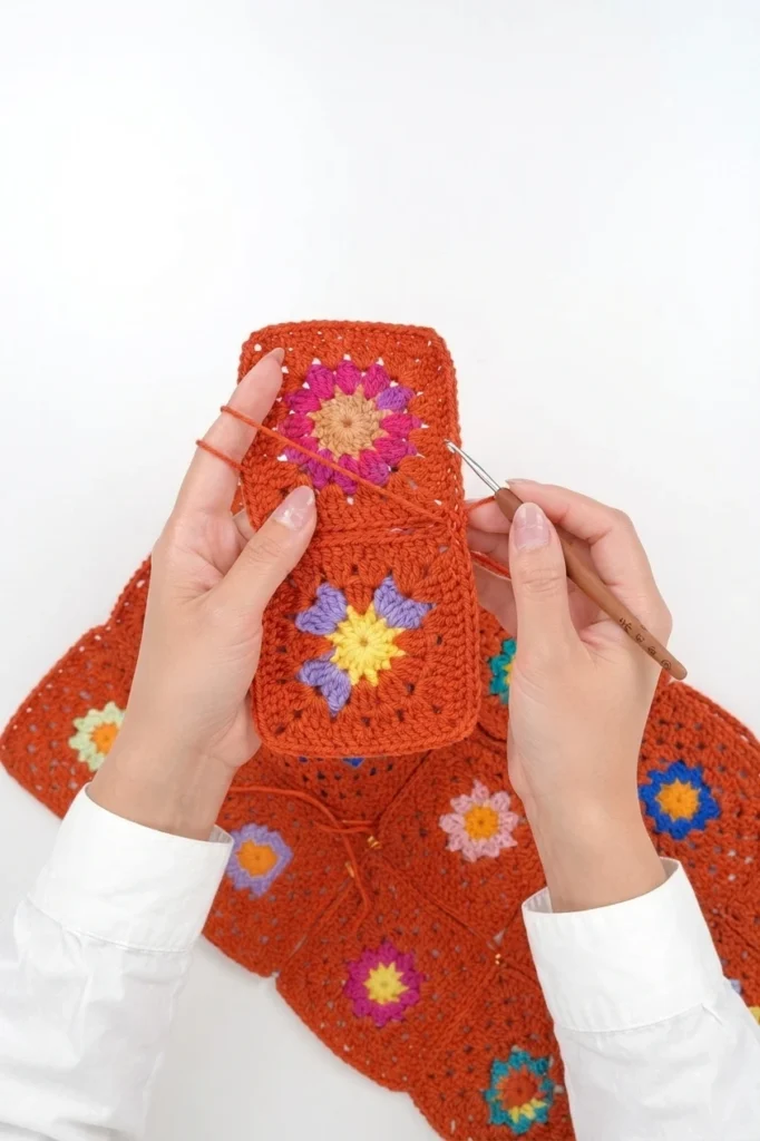 Hands using a crochet hook to seam terracotta granny squares with colorful floral centers on a white surface