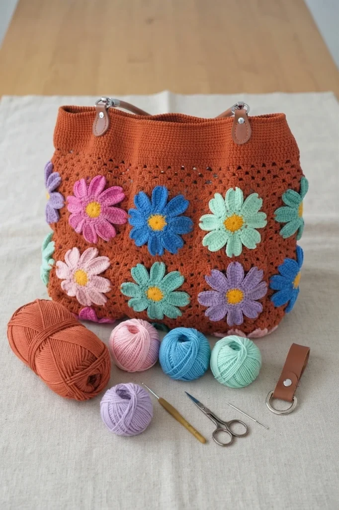 Terracotta crocheted daisy granny square tote with colorful flower motifs, photographed with yarn balls, a crochet hook, scissors, a needle and a leather strap tab arranged in front.
