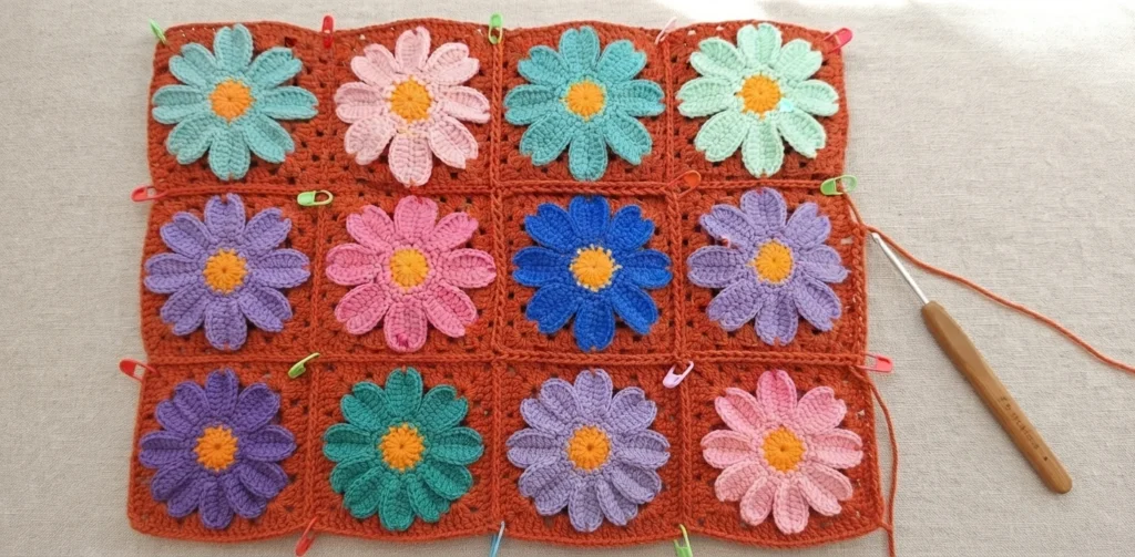 Terracotta crochet panel of twelve daisy granny squares pinned with colorful stitch markers beside a crochet hook