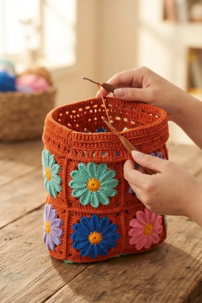 Hands crocheting the terracotta top edge of a daisy granny square bag on a wooden table