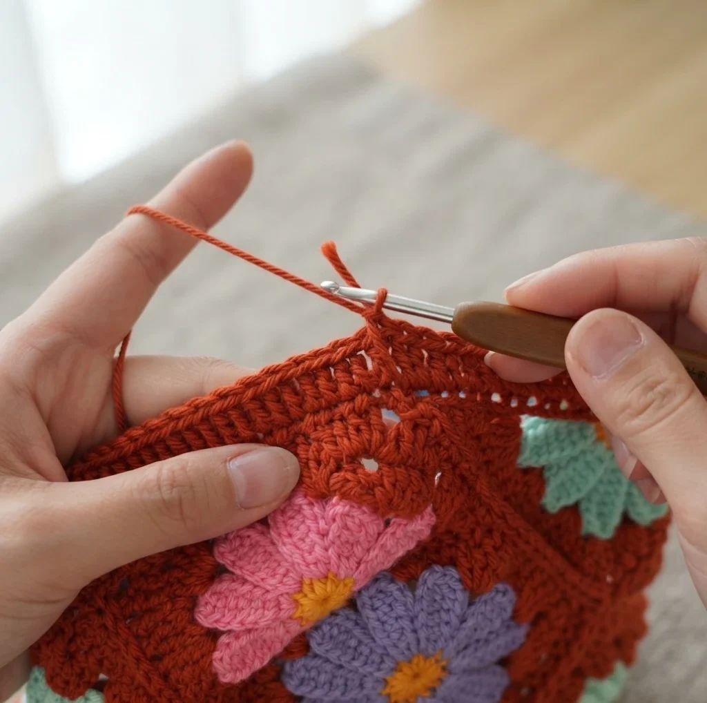 Hands crocheting the terracotta bag opening with a wooden-handled hook, pink, purple and teal daisy squares visible on the bag.