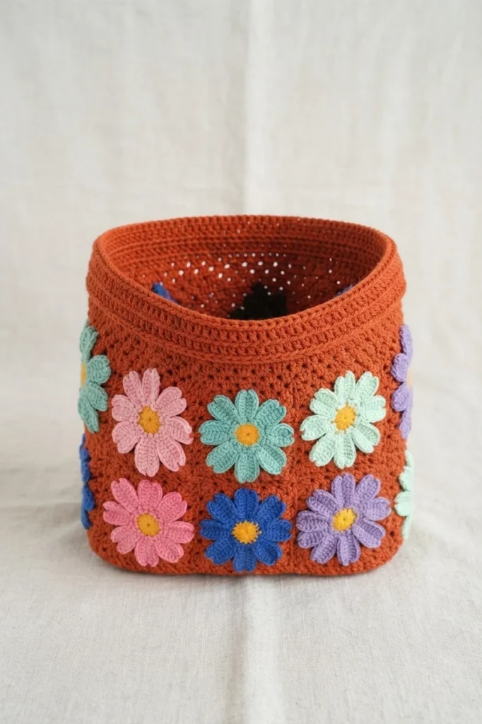 Crochet bag opening with terracotta base and colorful daisy motifs, viewed from above showing the finished top edge.