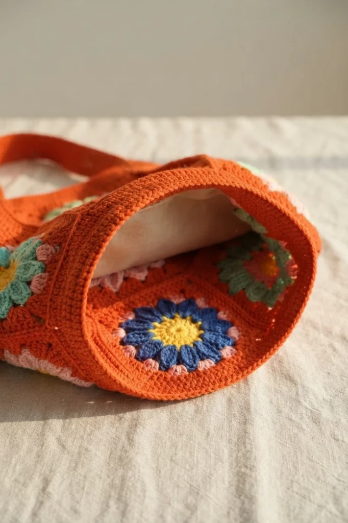 Close-up of a crocheted terracotta granny square bag opening with a finished edge, fabric lining and colorful daisy motifs visible inside.