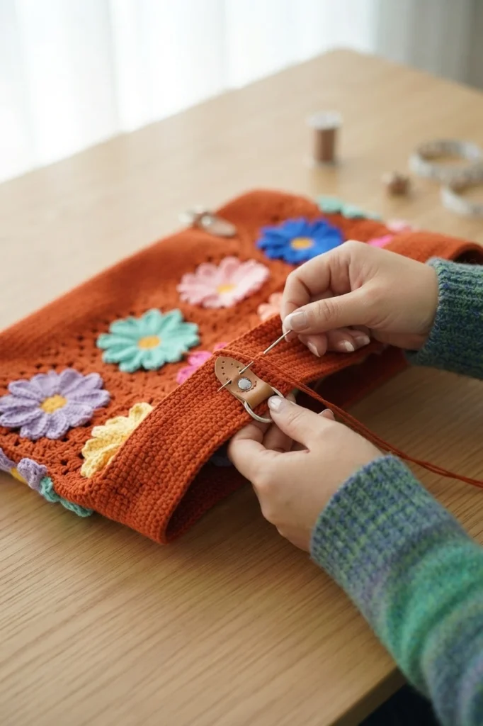 Hands sewing a leather D-buckle tab onto the top edge of a terracotta daisy granny square crochet bag on a wooden table