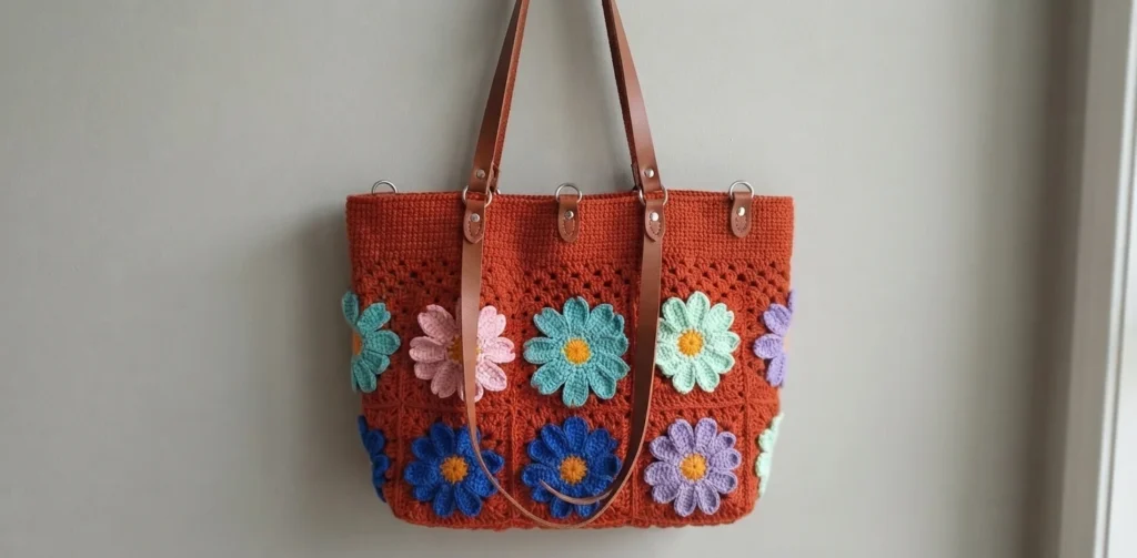 Finished terracotta crochet tote bag with colorful daisy motifs and attached brown leather shoulder straps, hanging against a plain wall.