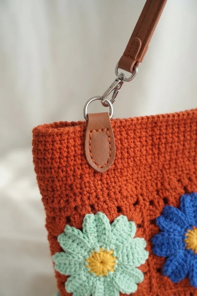 Close-up of a terracotta crochet bag edge with a sewn leather D-buckle tab, metal ring and clasp holding a brown leather strap, with mint green and blue daisy motifs below