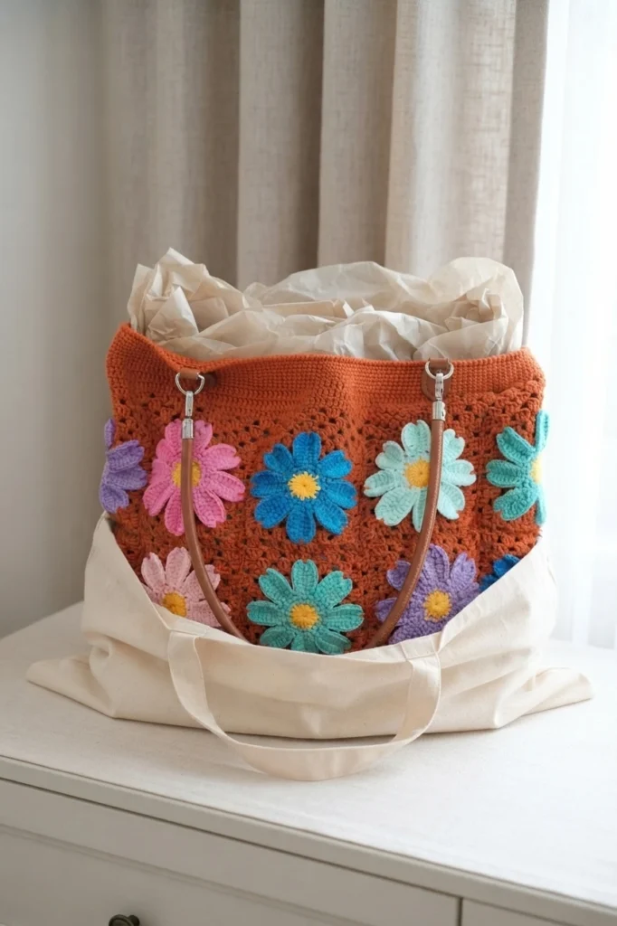 Crochet daisy granny square bag in terracotta with colorful flower motifs, stuffed with tissue paper and resting inside a cream cotton storage tote on a white dresser near a window.