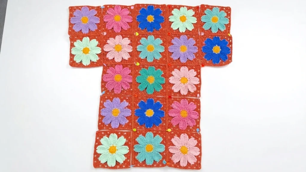 T-shaped layout of nineteen daisy granny squares with multicolored flower petals and yellow centers on a terracotta crochet background.