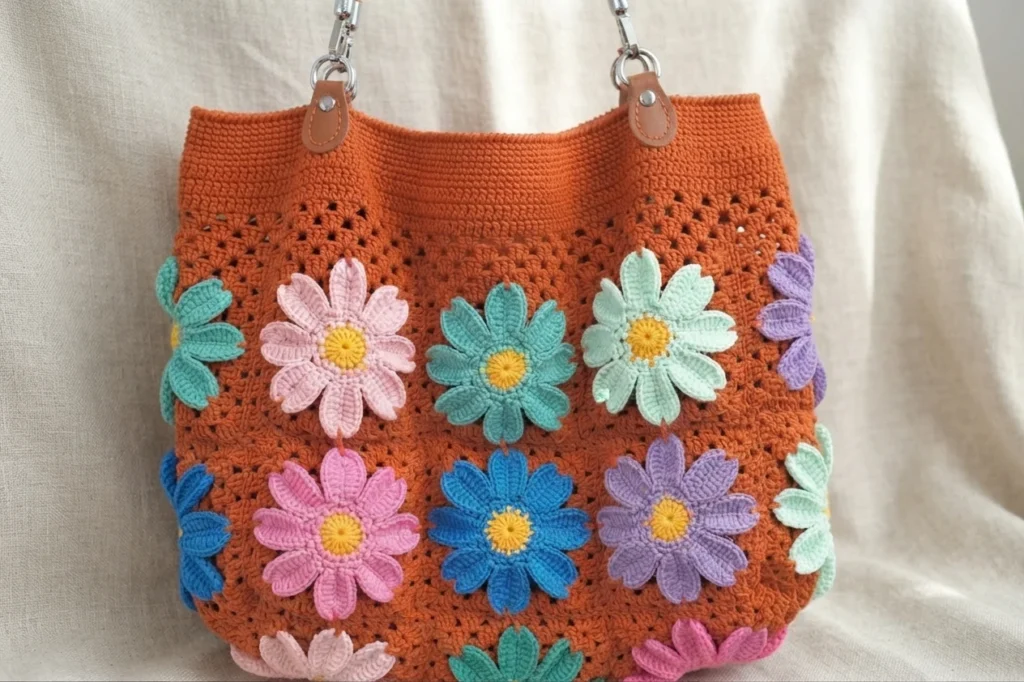 Crochet tote bag with a terracotta body decorated with colorful daisy motifs with yellow centers and brown leather handles.