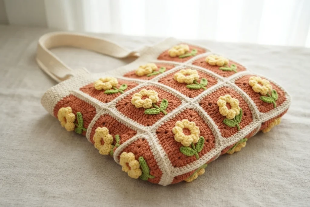 Crocheted terracotta granny square tote decorated with small pale yellow flowers and green leaves, cream border and fabric shoulder strap, resting on linen.