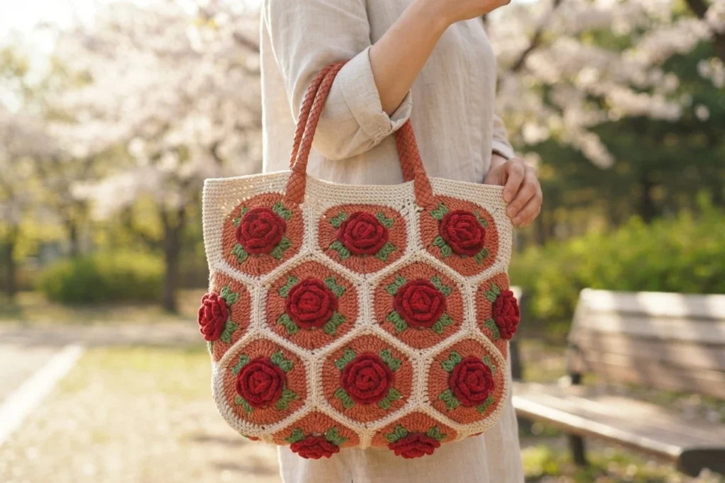 Person holding a crocheted tote bag with red rose motifs and terracotta handles outdoors