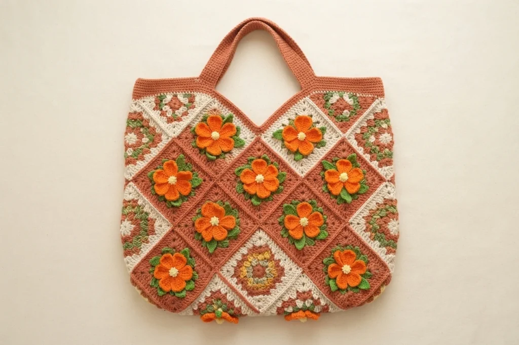 Finished crochet tote bag made of terracotta and cream granny squares decorated with orange flowers and green leaves, with matching crocheted handles