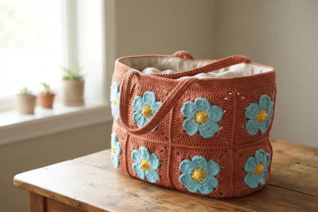 A crocheted terracotta tote bag decorated with blue daisy motifs and yellow centers, resting on a wooden table by a window.