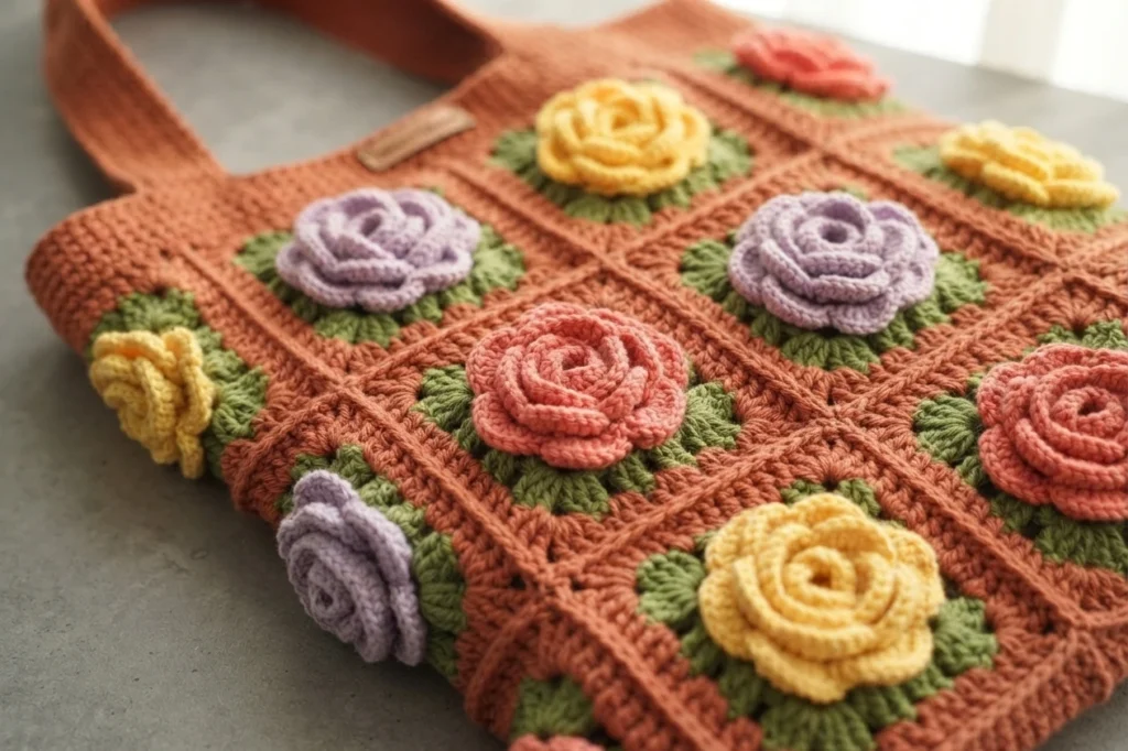 Crocheted terracotta tote bag decorated with rose granny squares in lavender, coral and yellow on green leaf backgrounds.