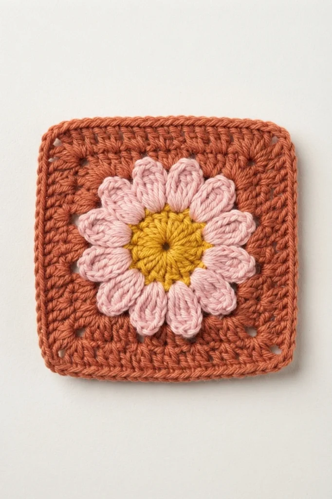 Crocheted daisy granny square with a yellow center, light pink petals and a terracotta border, photographed flat on a white background.